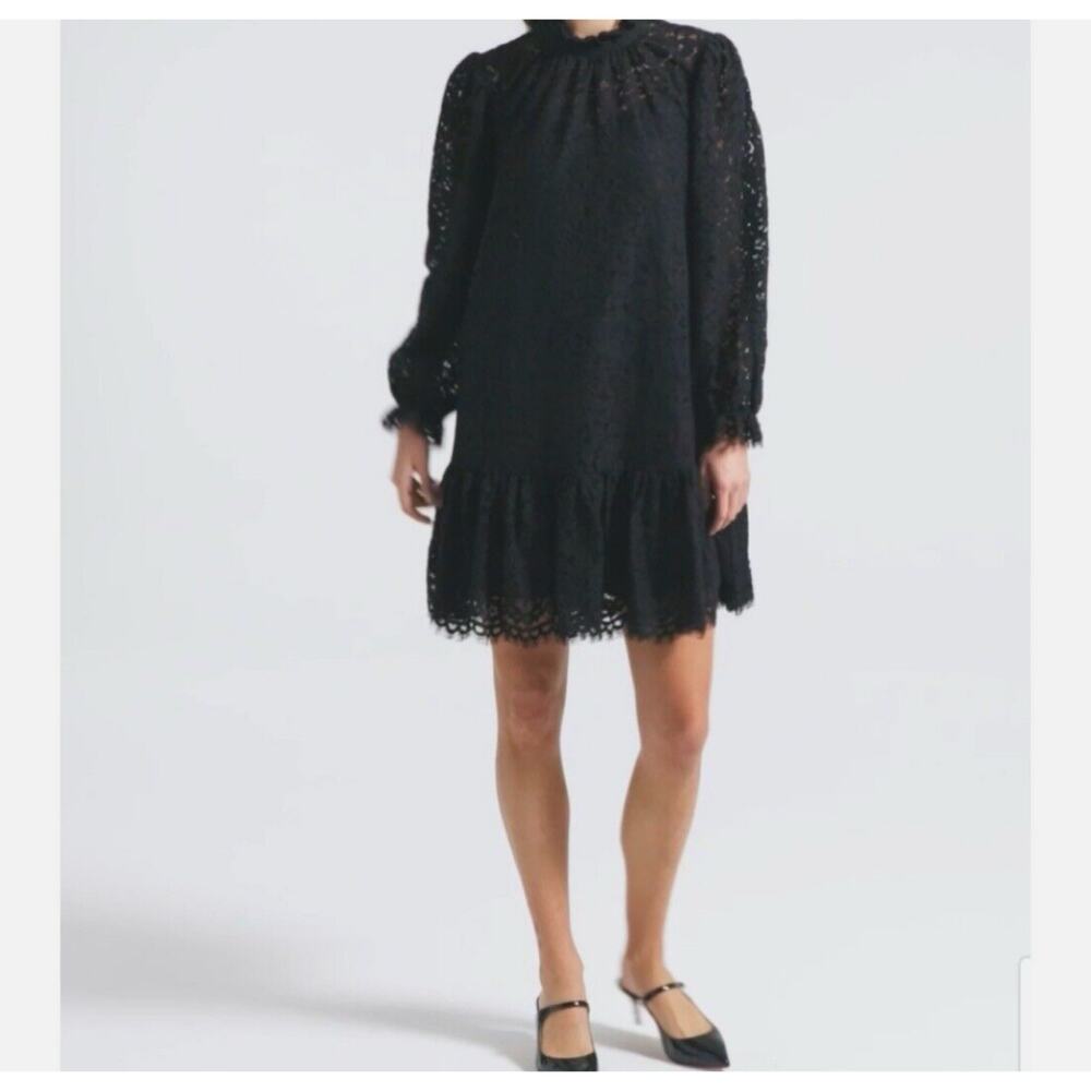 J. Crew Ruffleneck Black Lace Dress Long Sleeve Dark Romantic Casual Wardrobe M